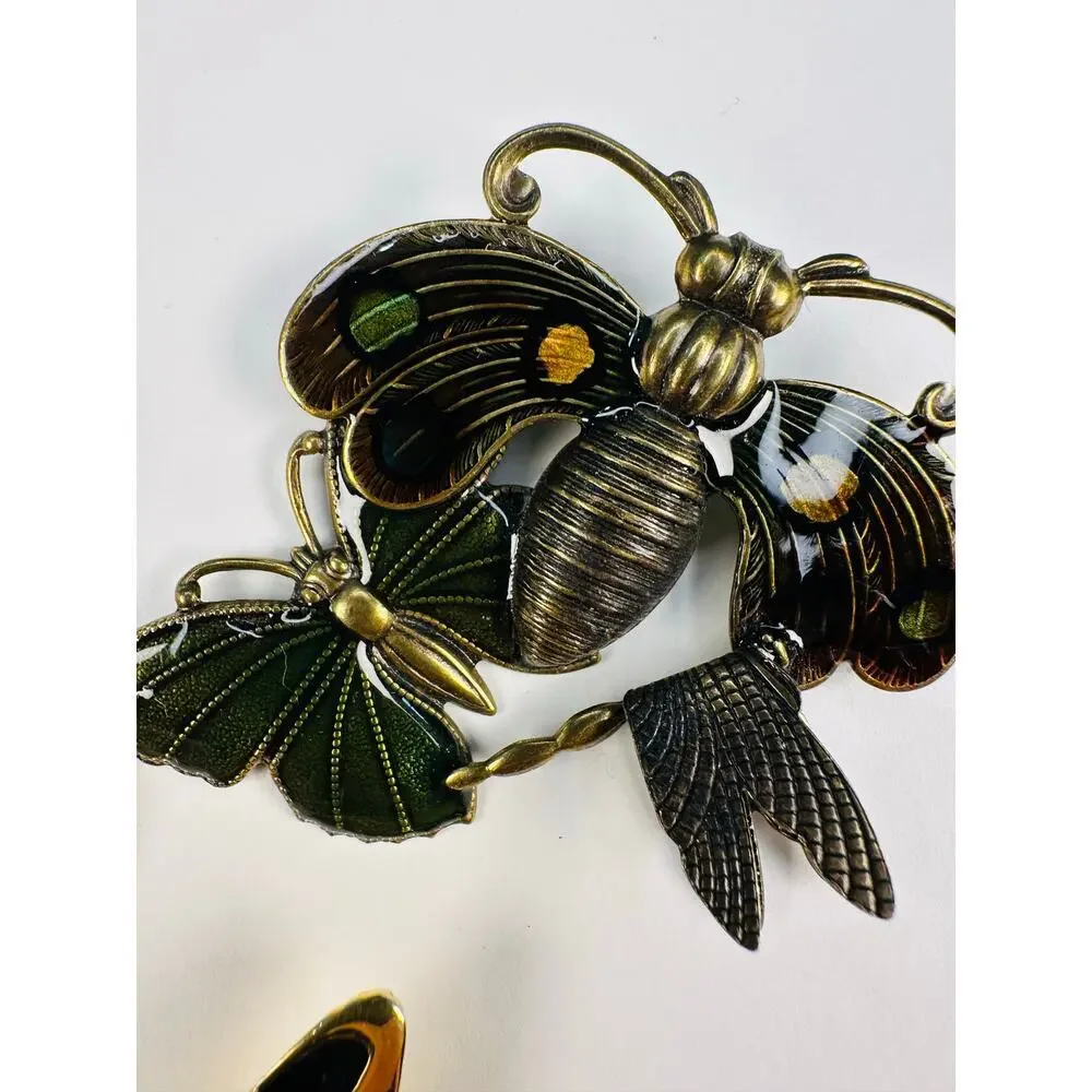 Vintage Enamel and Bead Brooch Pin Bundle Apple, Dragonfly, Sunburst